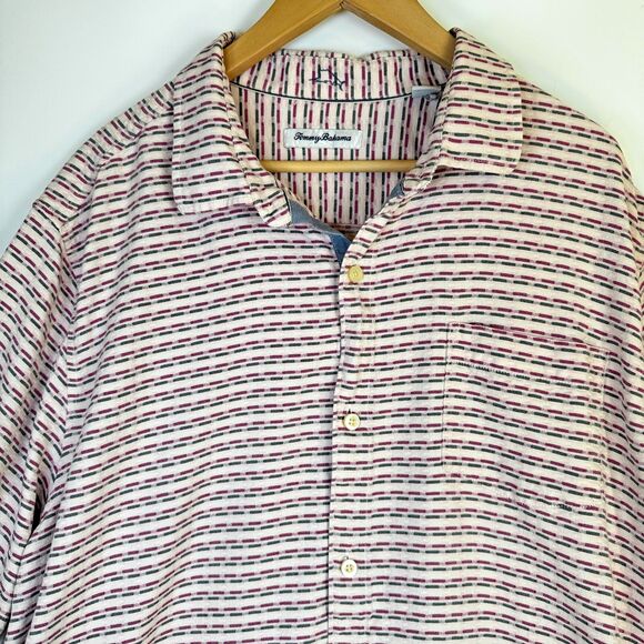 Tommy Bahama XXL Silk Shirt Pink Gray Striped Short Sleeve Button Front Resort - Picture 2 of 14